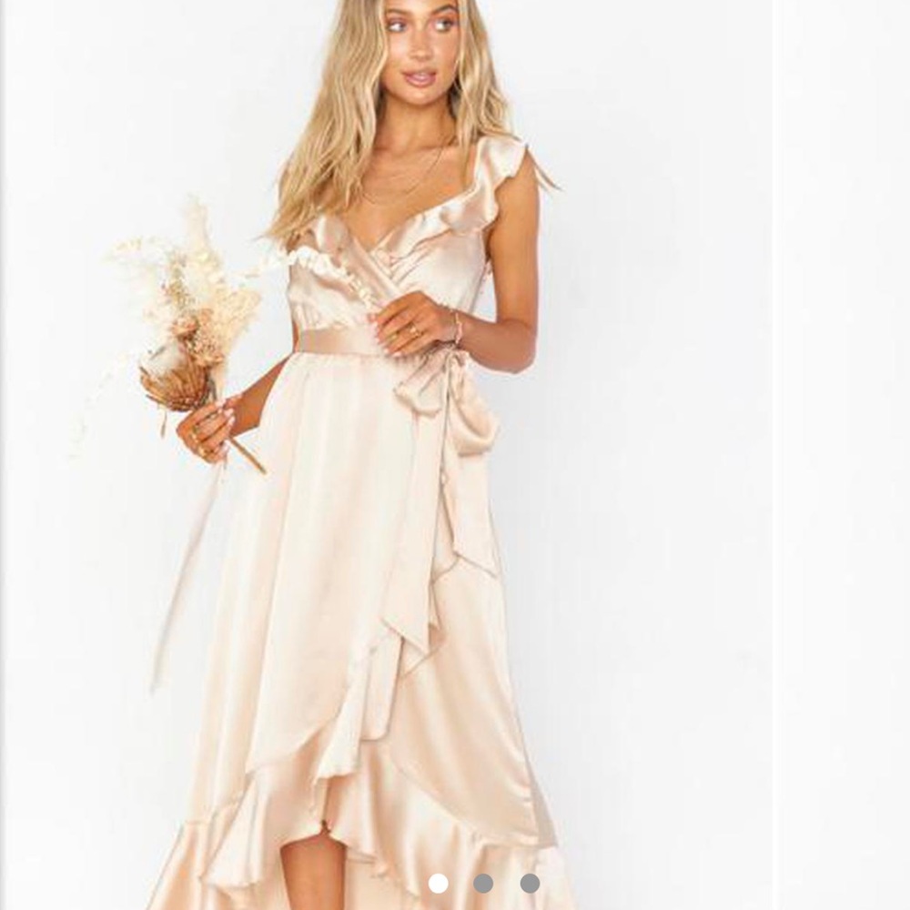 Show Me Your Mumu Samantha Ruffle Wrap Dress in Champagne